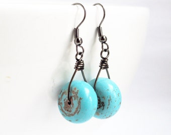 Turquoise earrings - magnesite earrings - blue earrings - gunmetal earings - magnesite bead - wheel earrings - rustic earrings - earthy