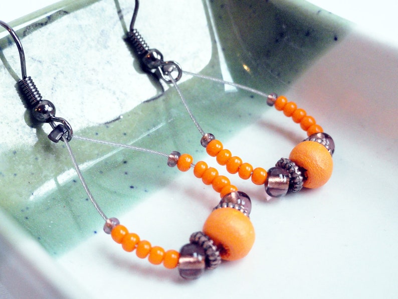 Gypsy earrings wooden earrings orange earrings beaded earrings wood bead earrings brown earrings dangle earrings image 2