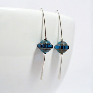 UFO earrings - blue marquise  - hammered ear wires - sterling silver - azure blue earrings - blue disc earrings - blue glass earrings