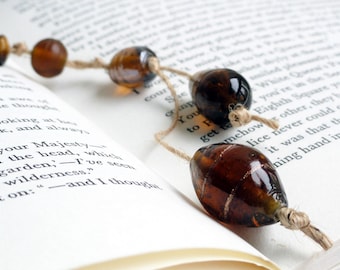 Amber bead bookmark - beaded bookmark - rustic glass - tribal inspired - twine bookmark - white gold plated