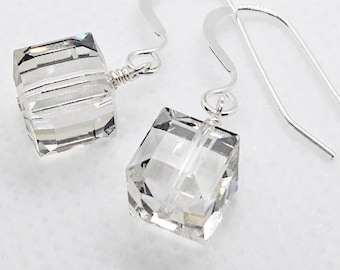 Swarovski earrings - sterling silver filled earrings - crystal cube earrings - crystal silver earrings - clear crystal earrings - 8mm cube