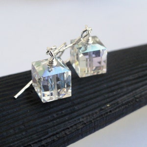 Swarovski earrings sterling silver earrings crystal cube earrings swarovski moonlight 8mm bridal earrings silver cube earrings image 4