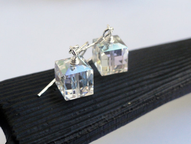 Swarovski earrings sterling silver earrings crystal cube earrings swarovski moonlight 8mm bridal earrings silver cube earrings image 4