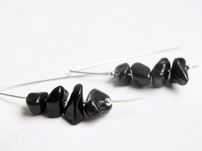 Obsidian earrings sterling silver marquise earrings modern earrings hammered earrings black chip earrings black earrings image 2