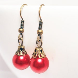 Christmas earrings red pearl earrings festive earrings red earrings brass earrings red holiday earrings bauble earrings image 3