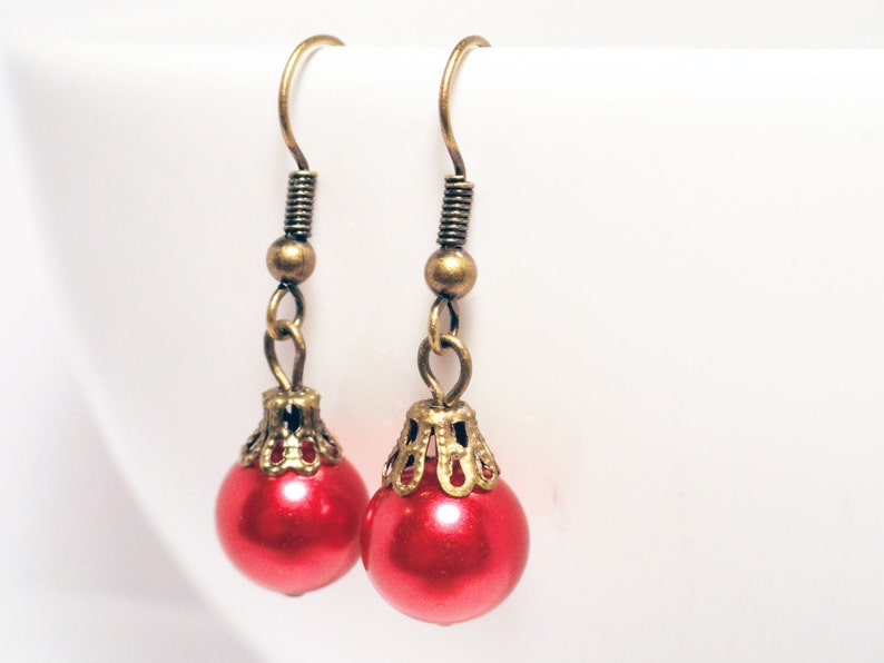 Christmas earrings red pearl earrings festive earrings red earrings brass earrings red holiday earrings bauble earrings image 3