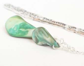 Dolphin bookmark - Silver dolphin - pearl bookmark - beaded bookmark - shell bookmark - mother of pearl - green pearl bookmark - sea green