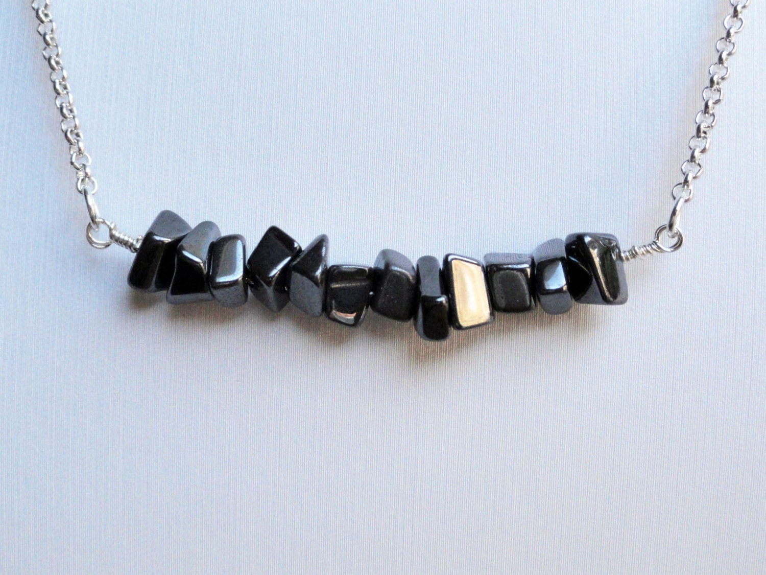 Hematite Gemstone Necklace - Black Chip Necklace - Hematite Bar Necklace - Black Stack Necklace - Black Necklace - Black and Silver Necklace