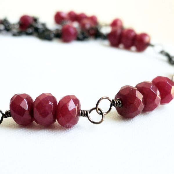 Red jade necklace - station necklace - red bead necklace - boho chic - gunmetal necklace - burgundy necklace - jade necklace - red necklace