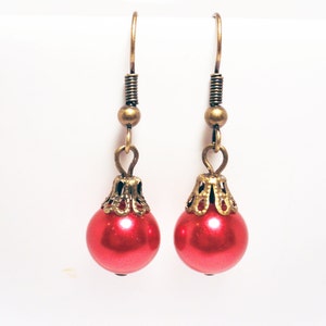 Christmas earrings red pearl earrings festive earrings red earrings brass earrings red holiday earrings bauble earrings image 1