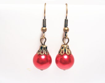 Christmas earrings - red pearl earrings - festive earrings - red earrings  - brass earrings - red holiday earrings - bauble earrings