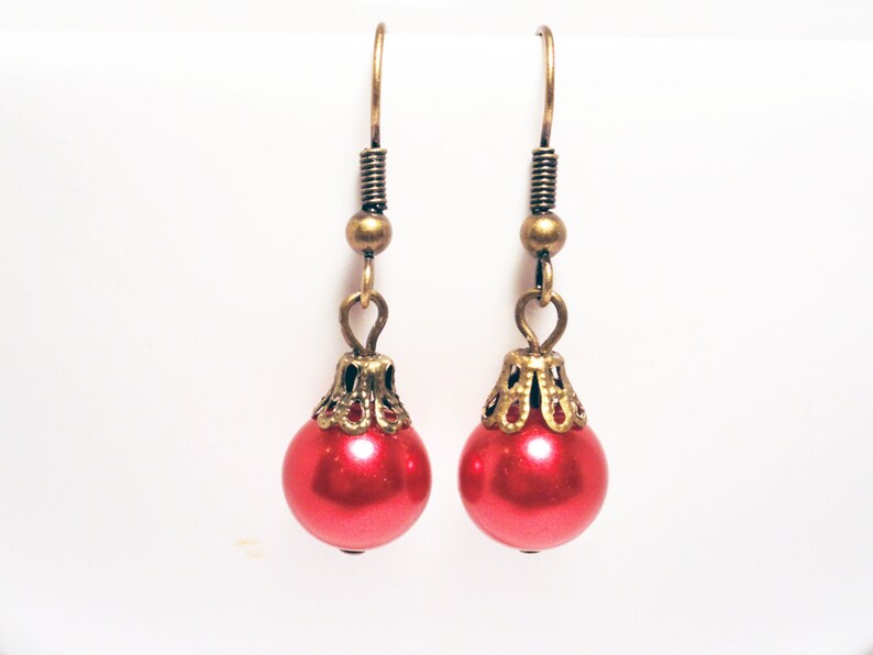 Christmas earrings red pearl earrings festive earrings red earrings brass earrings red holiday earrings bauble earrings image 1