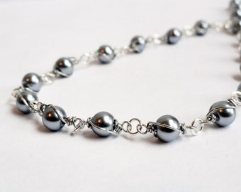 Caged pearl necklace - wire wrapped beads - gray pearl necklace - glass pearl necklace - wire wrapped beads