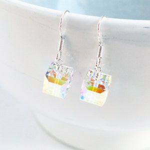 Swarovski earrings - sterling silver earrings - crystal cube earrings - swarovski AB 8mm - bridal earrings - silver cube earrings - aurora