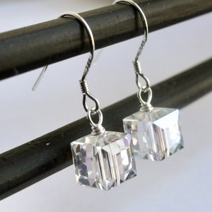 Swarovski earrings sterling silver earrings crystal cube earrings swarovski moonlight 8mm bridal earrings silver cube earrings image 1