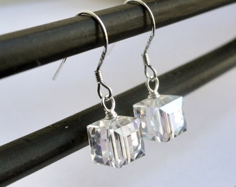 Swarovski earrings - sterling silver earrings - crystal cube earrings - swarovski moonlight 8mm - bridal earrings - silver cube earrings