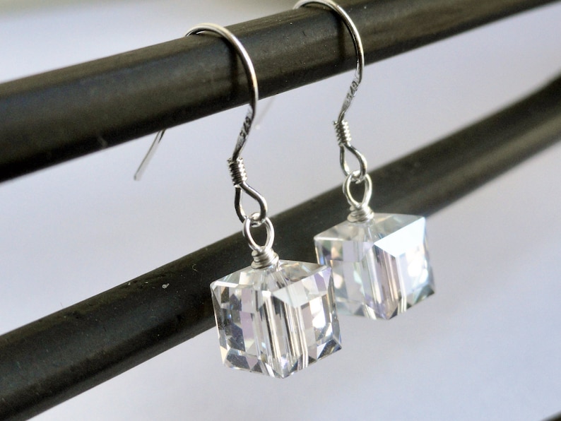 Swarovski earrings sterling silver earrings crystal cube earrings swarovski moonlight 8mm bridal earrings silver cube earrings image 1