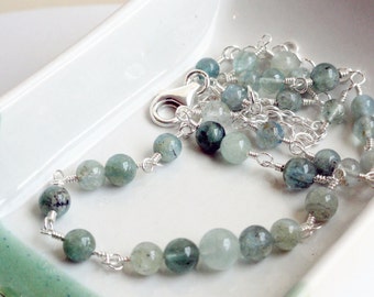 Aquamarine necklace - sterling silver necklace - station necklace - rosary necklace - meditation necklace - moss aquamarine