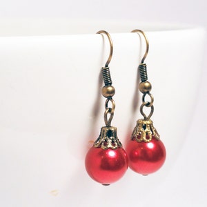 Christmas earrings red pearl earrings festive earrings red earrings brass earrings red holiday earrings bauble earrings image 2