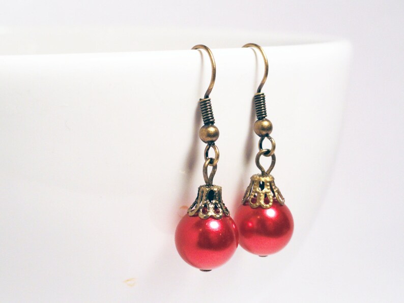 Christmas earrings red pearl earrings festive earrings red earrings brass earrings red holiday earrings bauble earrings image 2