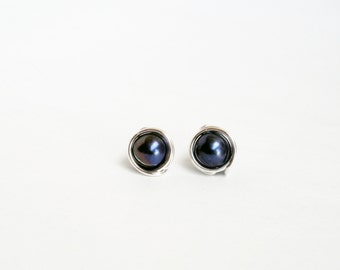 Pearl stud earrings - pearl post earrings - blue pearl earrings - navy stud earrings - dark blue earrings - wire earrings silver studs