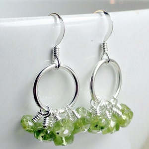 Cluster earrings - peridot earrings - sterling silver - green earrings - semi precious gem - olive earrings - silver hoop earrings