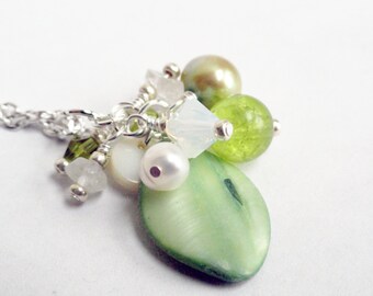 Shell necklace - lime green necklace - cluster necklace - green necklace - green pearl necklace - oval shell pendant - Lime green cluster