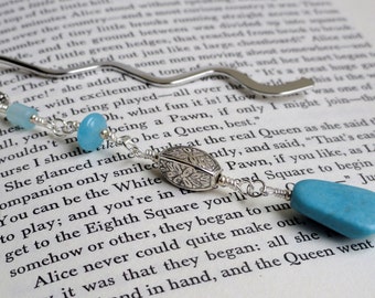 Turquoise bookmark - beaded bookmark - wavy bookmark - pale blue bookmark - silver bookmark