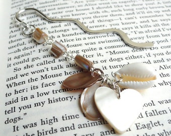 Beaded bookmark - shell bookmark - pearl bookmark - mother of pearl - beach bookmark - heart bookmark - cream tones bookmark