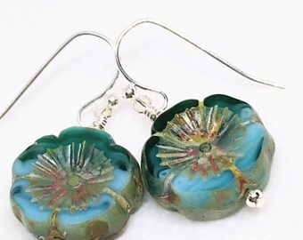 Hibiscus flower earrings - blue hibiscus flower beads - glass flower earrings - glass earrings - blue glass earrings - blue flower earrings