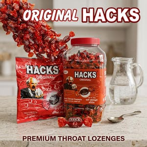 May include: A red plastic bag and a clear plastic jar filled with red-wrapped Hacks Original hard throat sweets. The packaging features the brand name Hacks, an illustration of a person, and text including Net Wt. 450g and 200g.