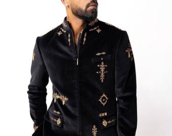 Chaqueta Bandhgala negra bordada para hombre, chaqueta Nehru india, blazer formal para bodas y fiestas, chaqueta para hombre hecha a medida