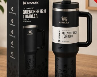 New Stanley Quencher 40 OZ Black Floral Tumbler | Insulated Travel Mug With Handle & Lid | Laser Engraved Cup | Stainless Steel Mug