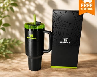 Stanley Style 40oz Tumbler Black Spider Pattern | Neon Green Lid & Straw | Insulated Cup with Handle |  Aesthetic Mug | best for gift