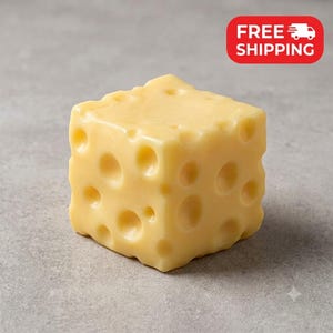 May include: A pale yellow cube shaped object with a smooth surface and numerous circular indentations of varying sizes distributed across its faces, resembling the appearance of Swiss cheese with its characteristic holes and light yellow color.