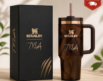 Stanley 40oz Insulated Tumbler | Amber Brown and Gold Accent | Aesthetic Travel Mug with Handle and Straw | Hot and Cold Drink Cup