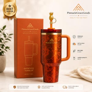 May include: A 40 oz. orange floral tumbler with a handle and a pineapple-shaped topper. The tumbler is in a matching orange box with the text "Quencher Tumbler". The box and tumbler have the text "PinnacleGraceGoods" and "Quality You Can Trust".