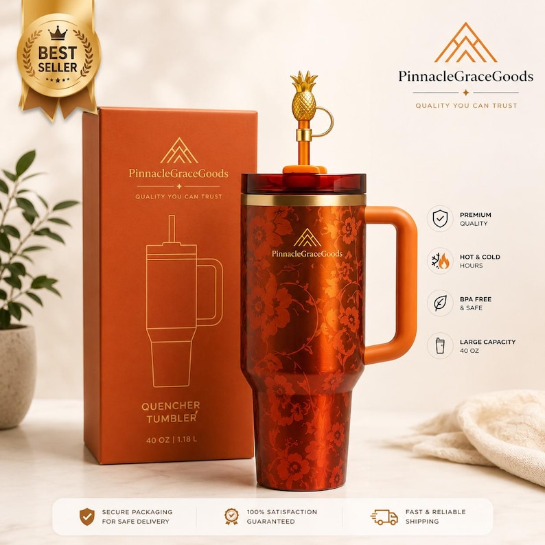 May include: A 40 oz. orange floral tumbler with a handle and a pineapple-shaped topper. The tumbler is in a matching orange box with the text "Quencher Tumbler". The box and tumbler have the text "PinnacleGraceGoods" and "Quality You Can Trust".