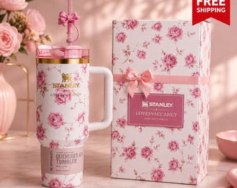 NEW Pink Floral 40oz Insulated Tumbler with Handle | Stainless Steel Travel Mug with Lid and Straw |Aesthetic Cup for Hot & Cold Drinks
