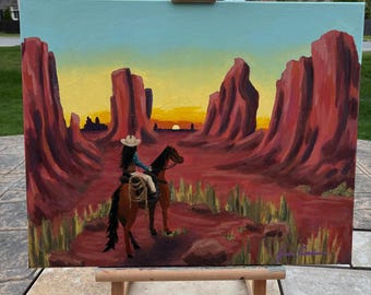 Målning av västerländsk cowgirl, akryl på duk, 20 x 16 cm