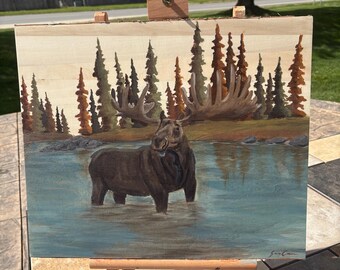 Träpanel av Alaskan Moose 45 x 40 cm målning