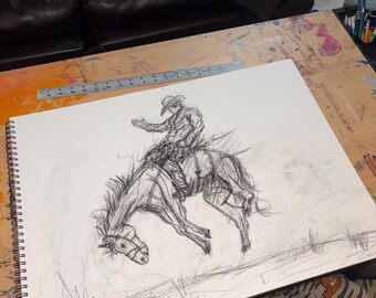 YEEHAW 40 x 60 cm Western Rodeo Cowboy ORIGINAL Kolteckning