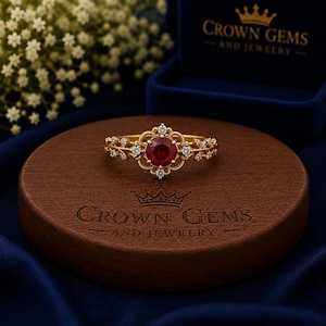 May include: A gold ring featuring a central round-cut red gemstone surrounded by a decorative filigree frame with small clear stones. The band is designed with leaf-like motifs. The text CROWN GEMS AND JEWELRY is engraved on the wooden base.