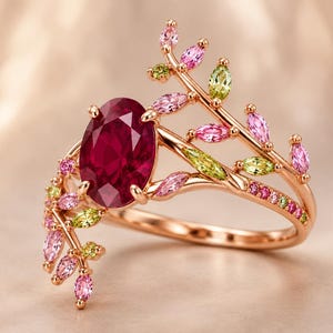 May include: Rose gold ring with an oval ruby gemstone. The ring is decorated with leaf-shaped details, set with pink, green, and pink gemstones. The ring's design is inspired by nature, with a delicate and elegant aesthetic.
