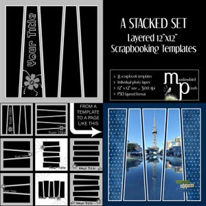 May include: A set of eight 12"x12" digital scrapbooking templates featuring black and white layered photo frames with floral accents and text placeholders. The set includes PSD files, individual photo layers, and a sample layout of Tokyo Tower.