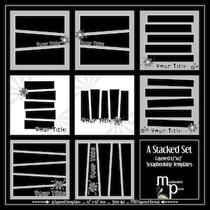 Peut inclure: Ensemble de modèles de scrapbooking noir et blanc. Chaque modèle présente un fond noir avec des accents blancs et gris, des décorations florales et le texte "Your Title". L'ensemble comprend 8 modèles en couches, format 30,48 cm x 30,48 cm.
