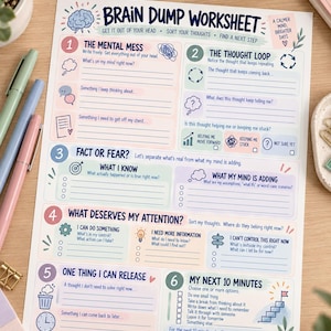May include: A Brain Dump Worksheet printed on white paper with blue, pink, and green sections. It features six numbered steps for organizing thoughts, including The Mental Mess, The Thought Loop, Fact or Fear, and My Next 10 Minutes.