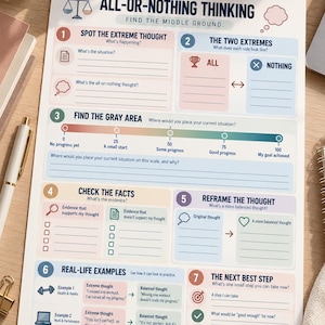 May include: A white worksheet titled All-Or-Nothing Thinking with seven numbered sections. It features a scale from 0 to 100, various icons like a scale, trophy, and magnifying glass, and blank lines for writing notes to help reframe thoughts.