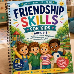 May include: A spiral-bound activity book titled Friendship Skills for Kids Ages 5-8. The cover features four diverse children in a park setting with text highlighting fun stories, activities, games, and 48 pages of content for social skills and kindness.