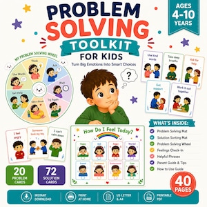 May include: A Problem Solving Toolkit for Kids featuring a problem-solving wheel, 20 problem cards, 72 solution cards, and a How Do I Feel Today chart. The set includes a parent guide, tips, and how-to-use guide, totalling 40 pages for instant download.